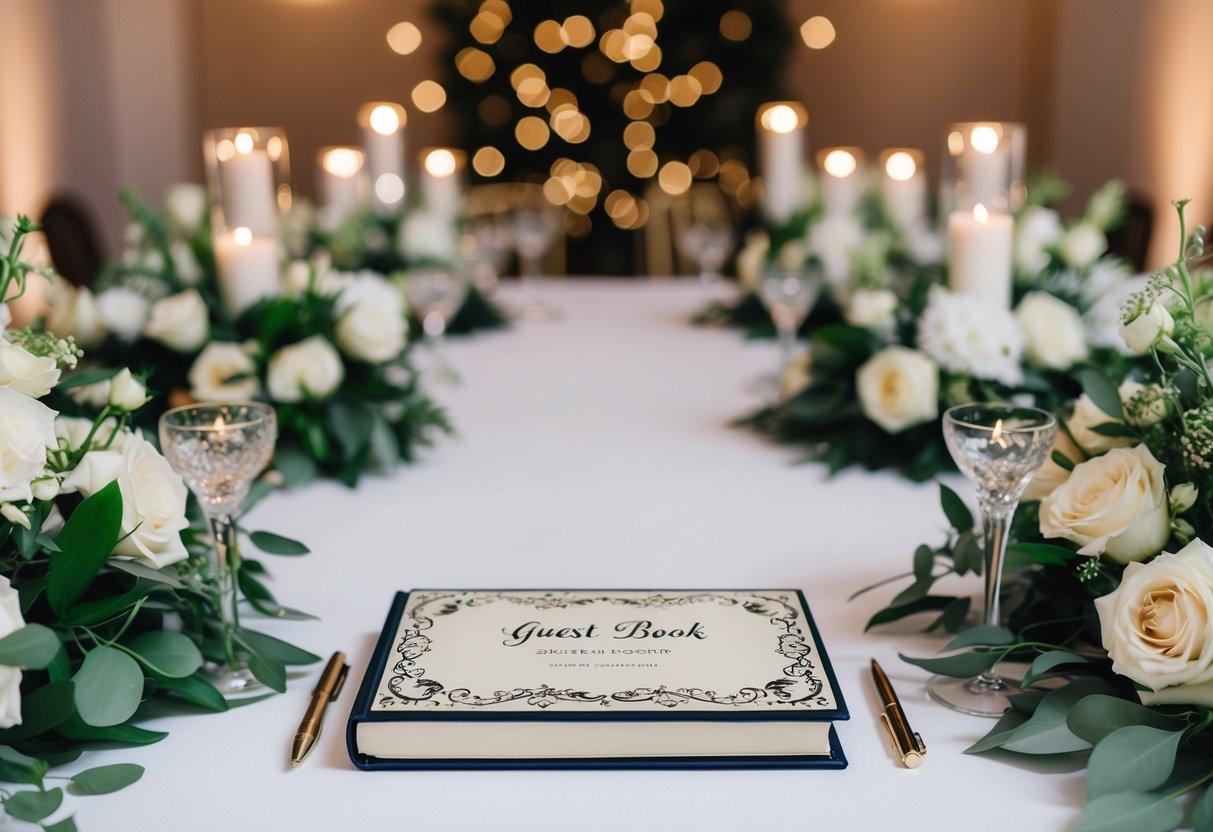 A table with a decorative guest book and pen, surrounded by elegant floral arrangements and soft lighting