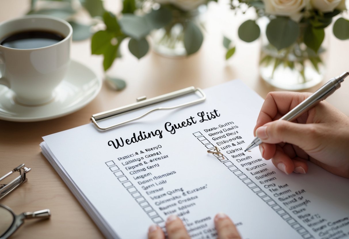 A wedding guest list being carefully reviewed and edited, with names being added and crossed off as decisions are made