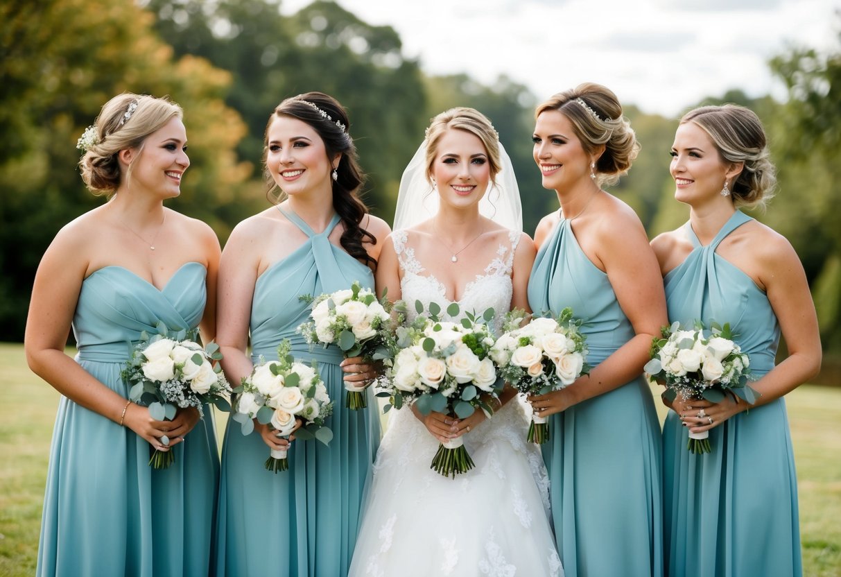 A bride and her bridesmaids hold matching bouquets at a wedding ceremony