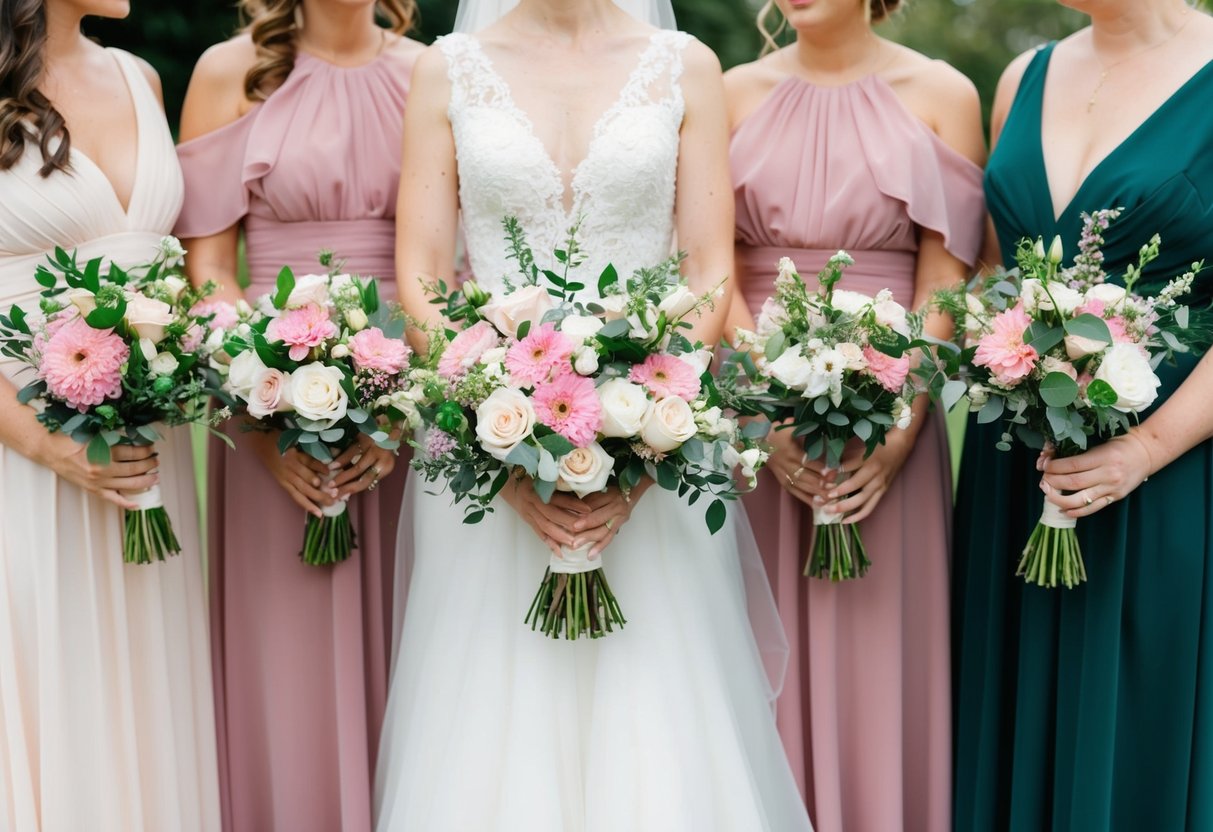 A bride and her bridesmaids each hold a bouquet of mixed flowers in varying shades of pink, white, and green, creating a cohesive yet individual look