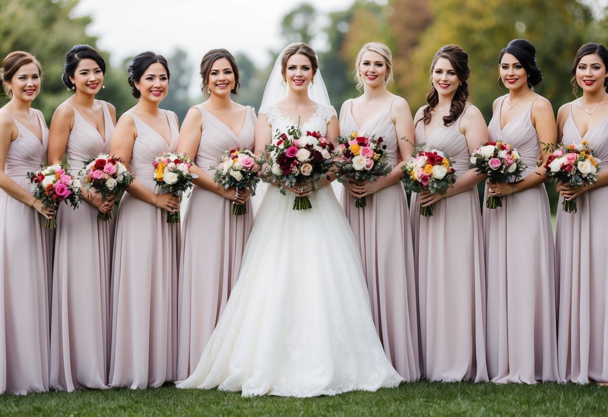 A bride and her bridesmaids stand in a row, each holding a matching bouquet of flowers in different sizes and colors