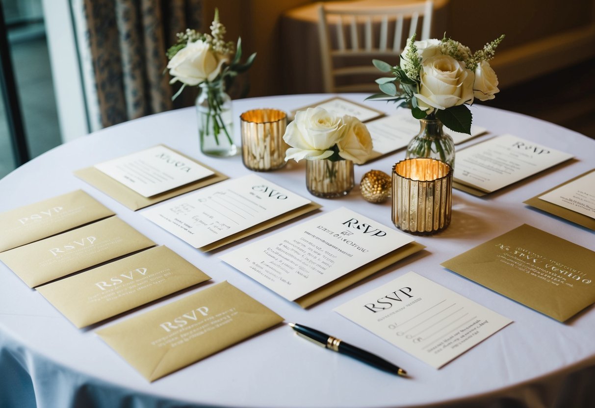 A table with a neatly arranged guest list, invitation cards, and RSVP cards, alongside a pen and decorative elements