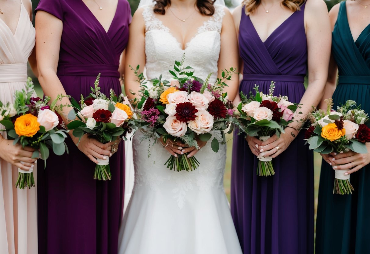 A bride and bridesmaids hold matching bouquets in a variety of colors and styles, coordinating for a wedding celebration