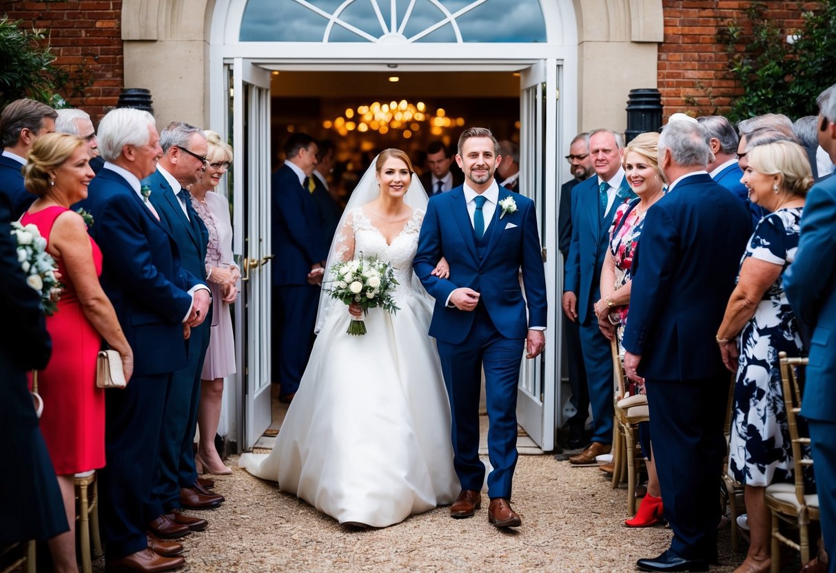 A bride and groom stand at the entrance to their wedding venue, surrounded by a crowd of well-dressed guests. The bride holds a bouquet of flowers and the groom wears a suit