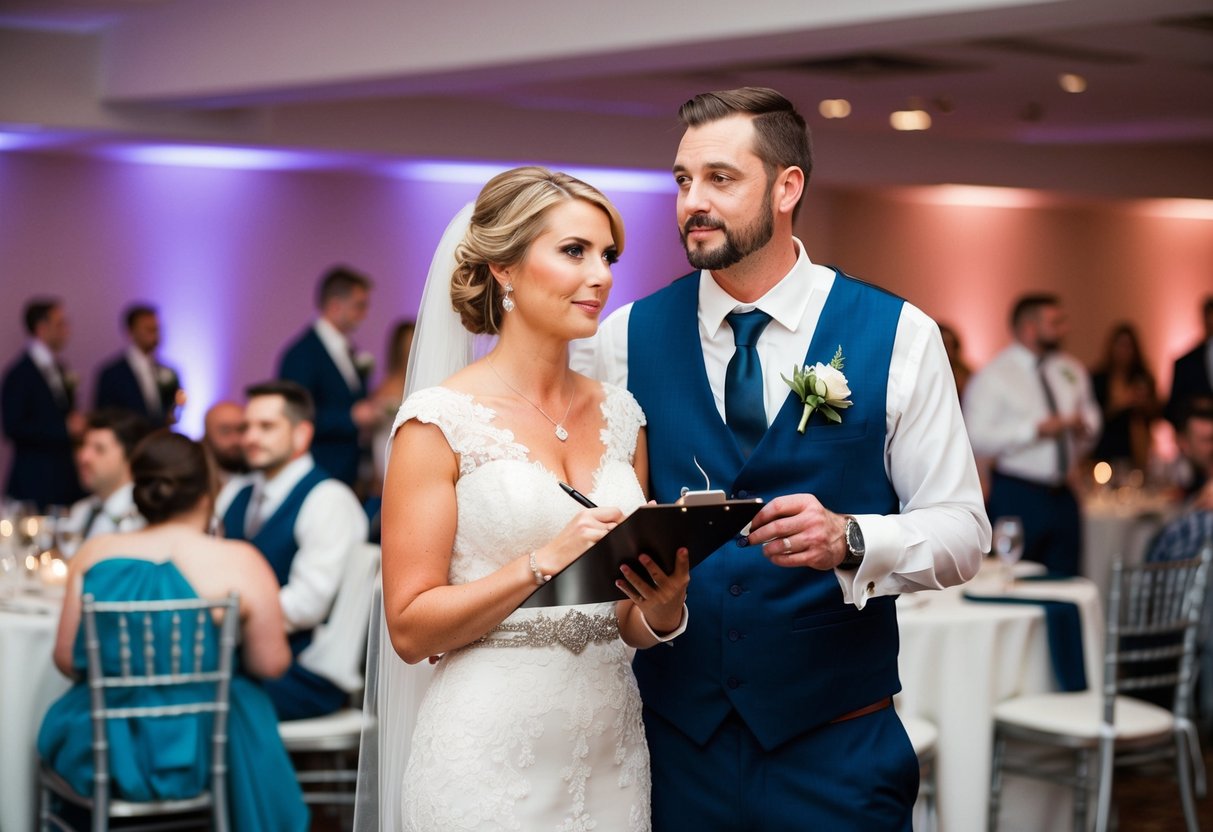 A bride and groom stand together at the center of a wedding reception, surrounded by tables and chairs. The bride holds a clipboard and pen, while the groom looks on with a thoughtful expression