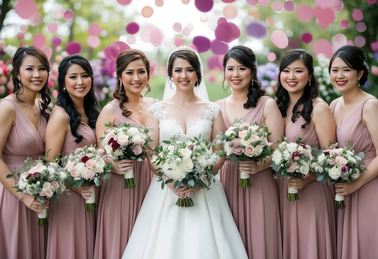 A bride and her bridesmaids holding identical floral bouquets, surrounded by a variety of personalized floral arrangements