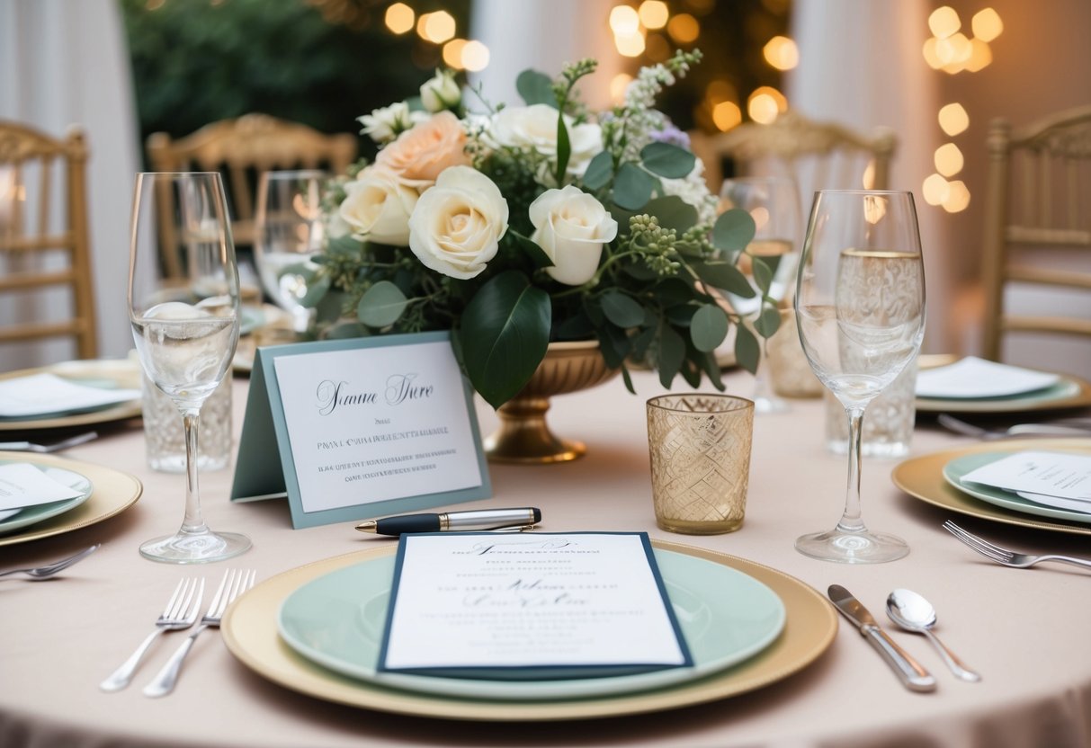 A beautifully decorated table with placeholders for guests, a wedding invitation, and a pen to add names