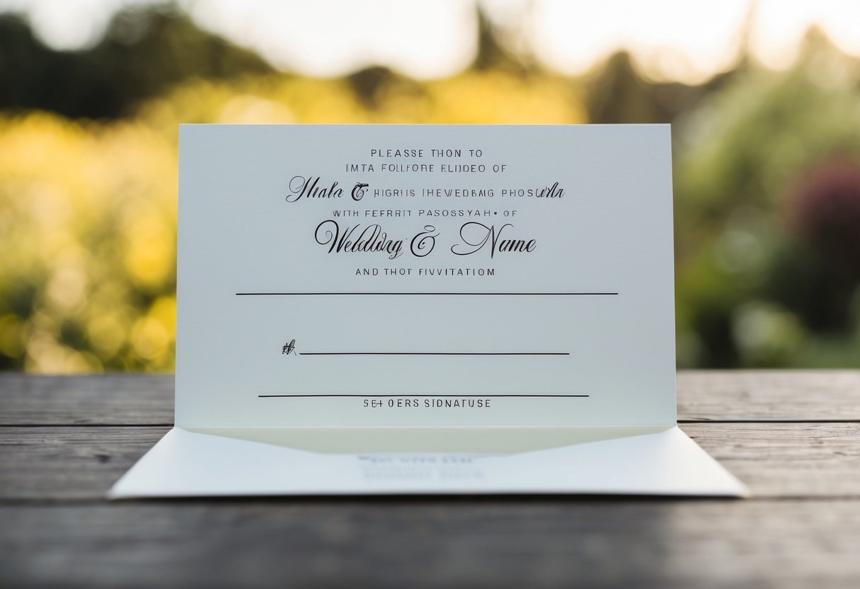 A wedding invitation with a blank space for the recipient's name and a line for the sender's signature