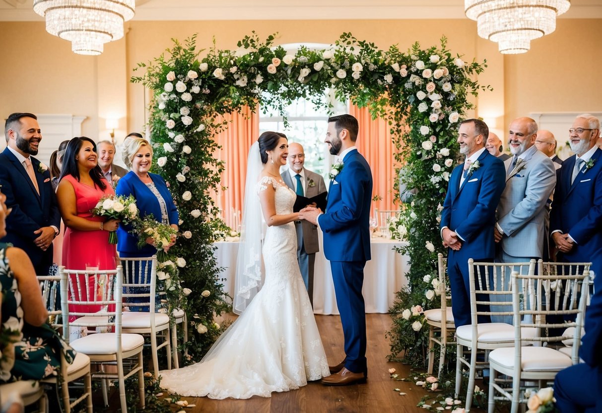 A bride and groom stand at the center of a beautifully decorated venue, surrounded by family and friends. The couple is exchanging vows while guests look on with joy and excitement