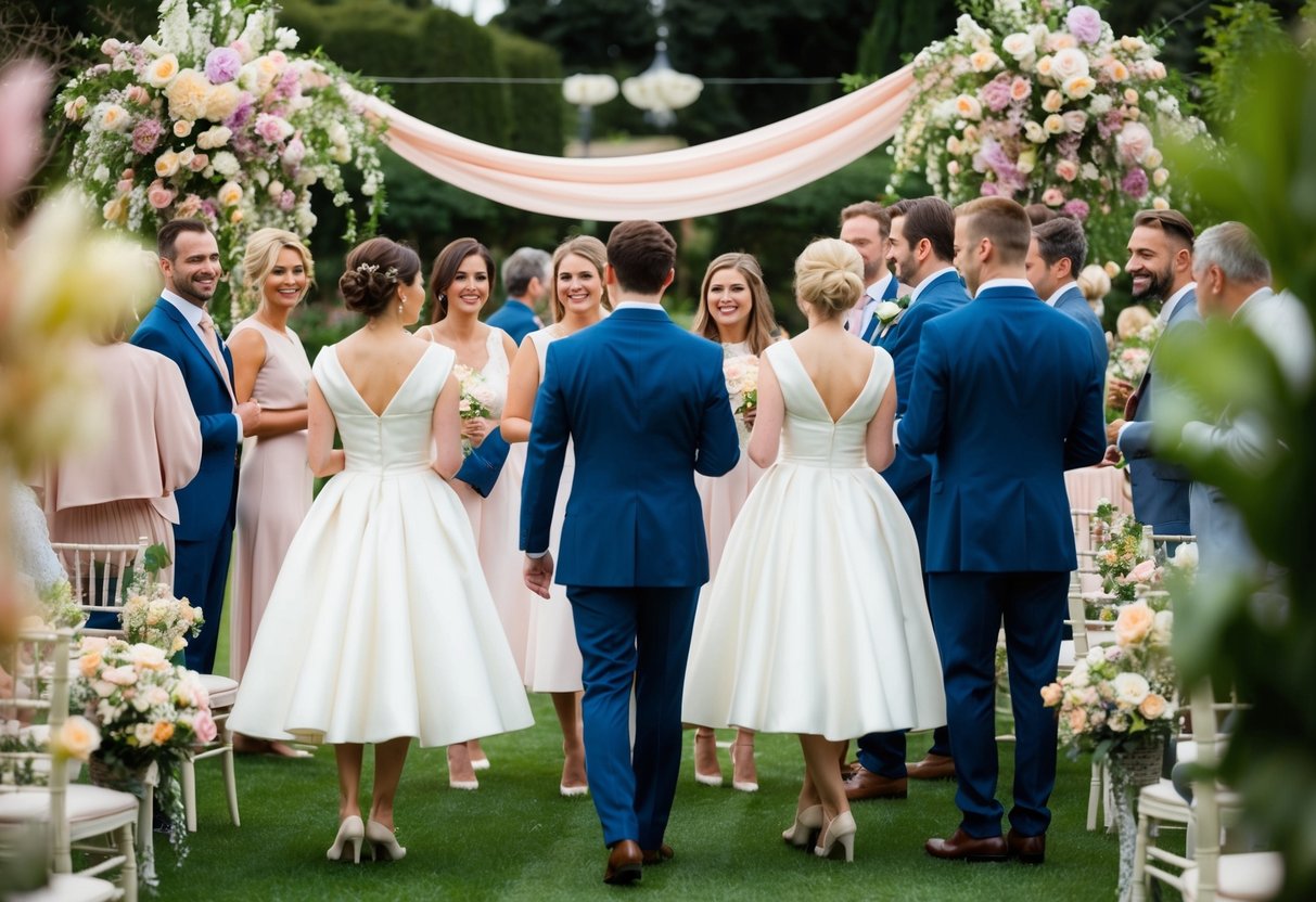 A group of elegantly dressed wedding guests mingling in a garden adorned with pastel-colored flowers and decor