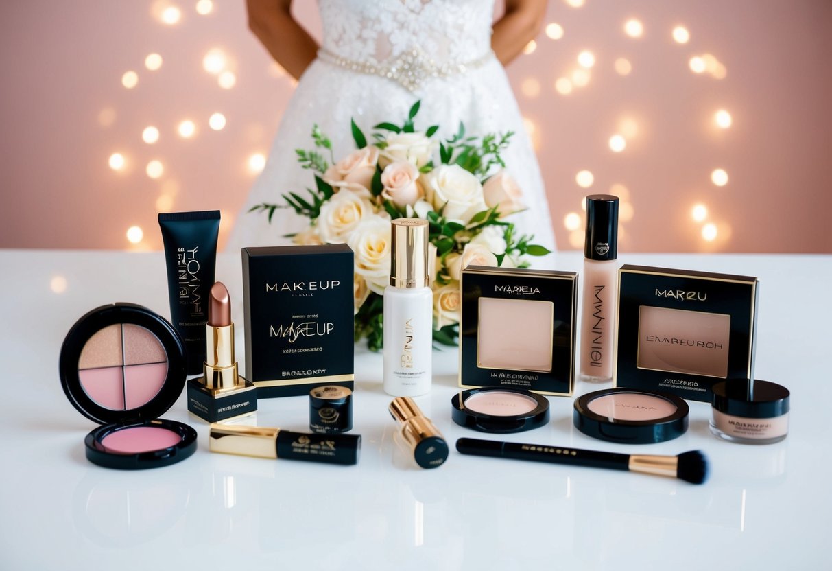 A bride surrounded by various makeup brands, each with elegant packaging and a soft, romantic color palette