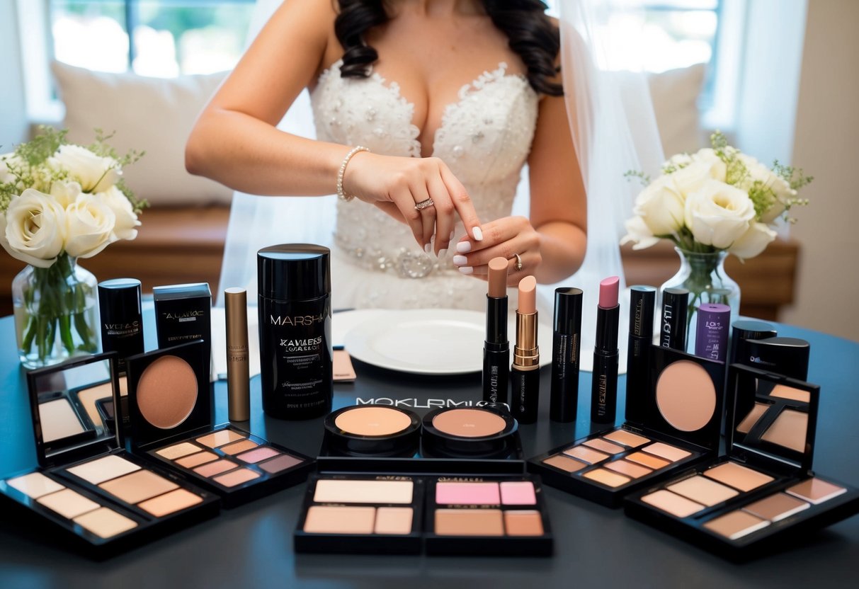 A bride surrounded by a variety of makeup brands, with swatches and testers displayed on a table for comparison