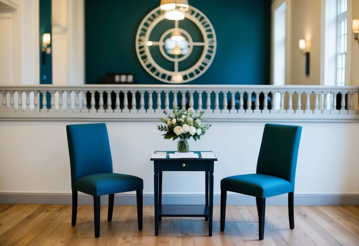 A registry office with a simple, elegant interior. A small table set with a marriage license and two chairs facing each other