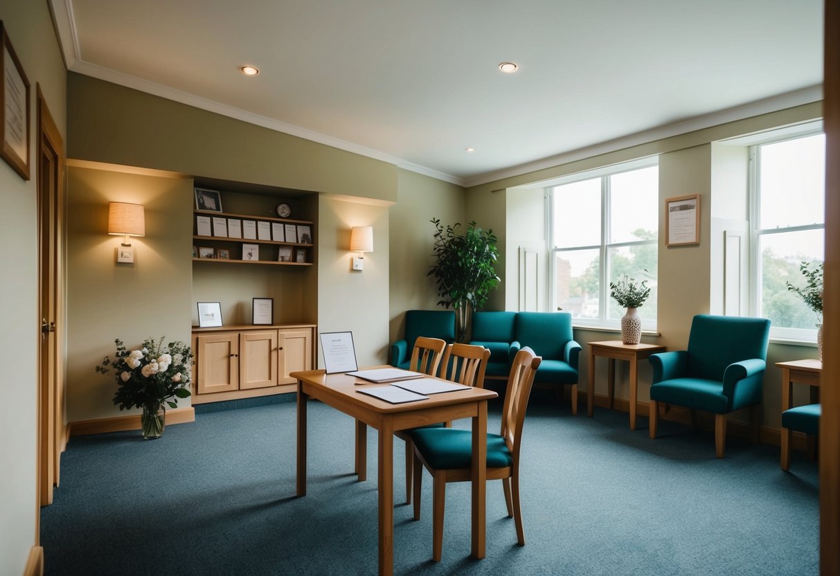 A cozy registry office with simple decor, a small table for signing documents, and a seating area for a limited number of guests