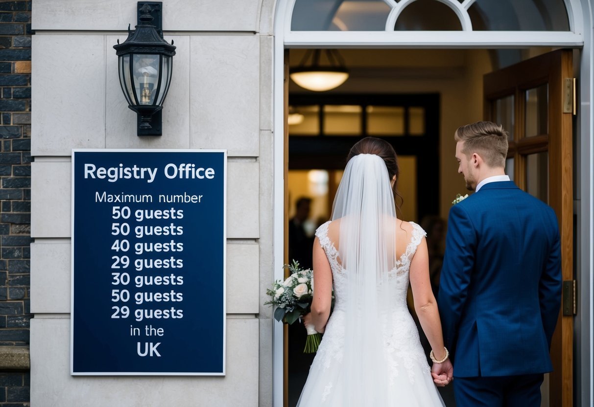 A bride and groom stand at the entrance of a registry office, looking at a sign displaying the maximum number of guests allowed for a wedding in the UK