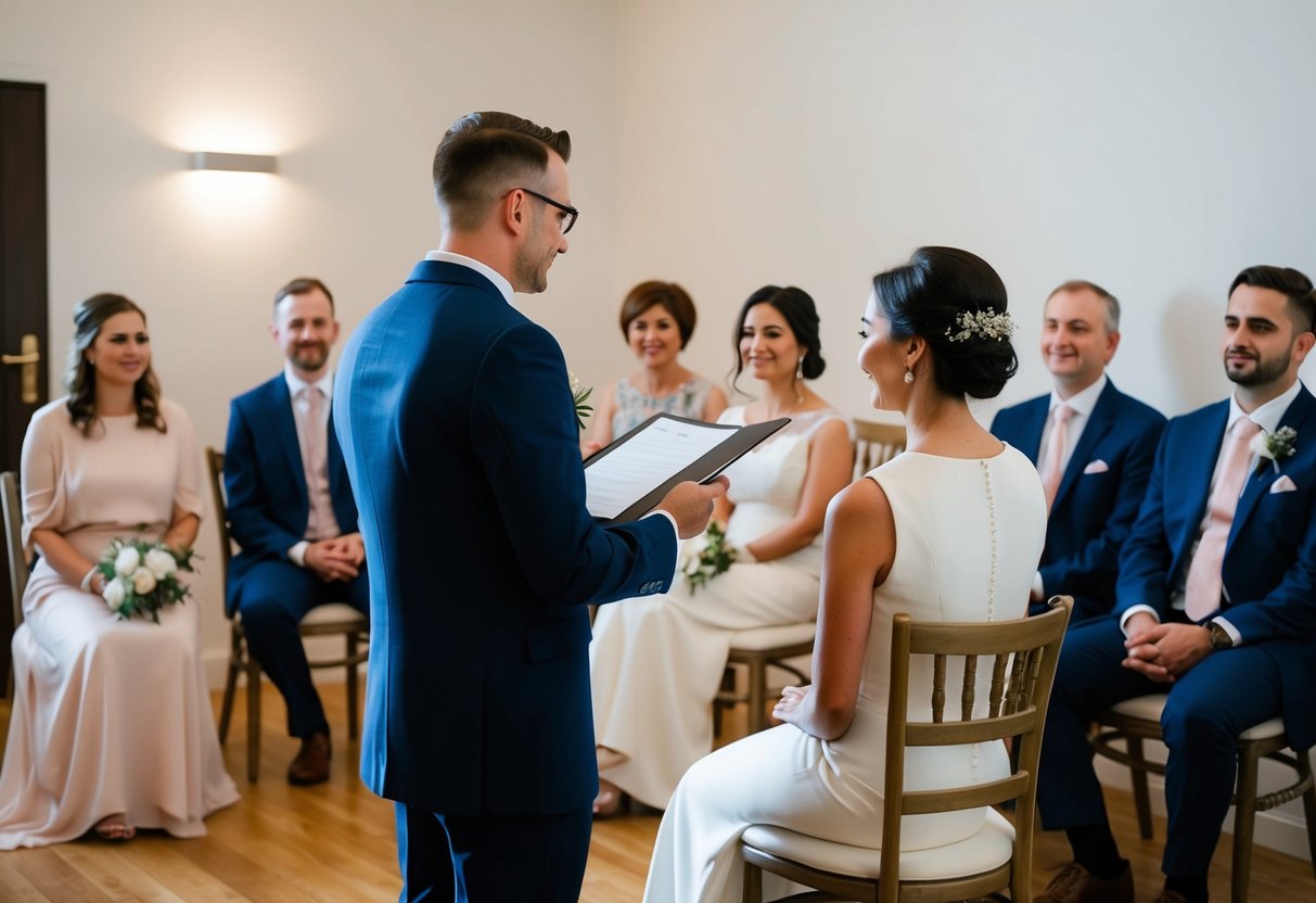 A registrar officiates a wedding in a simple room with a small group of guests seated in chairs