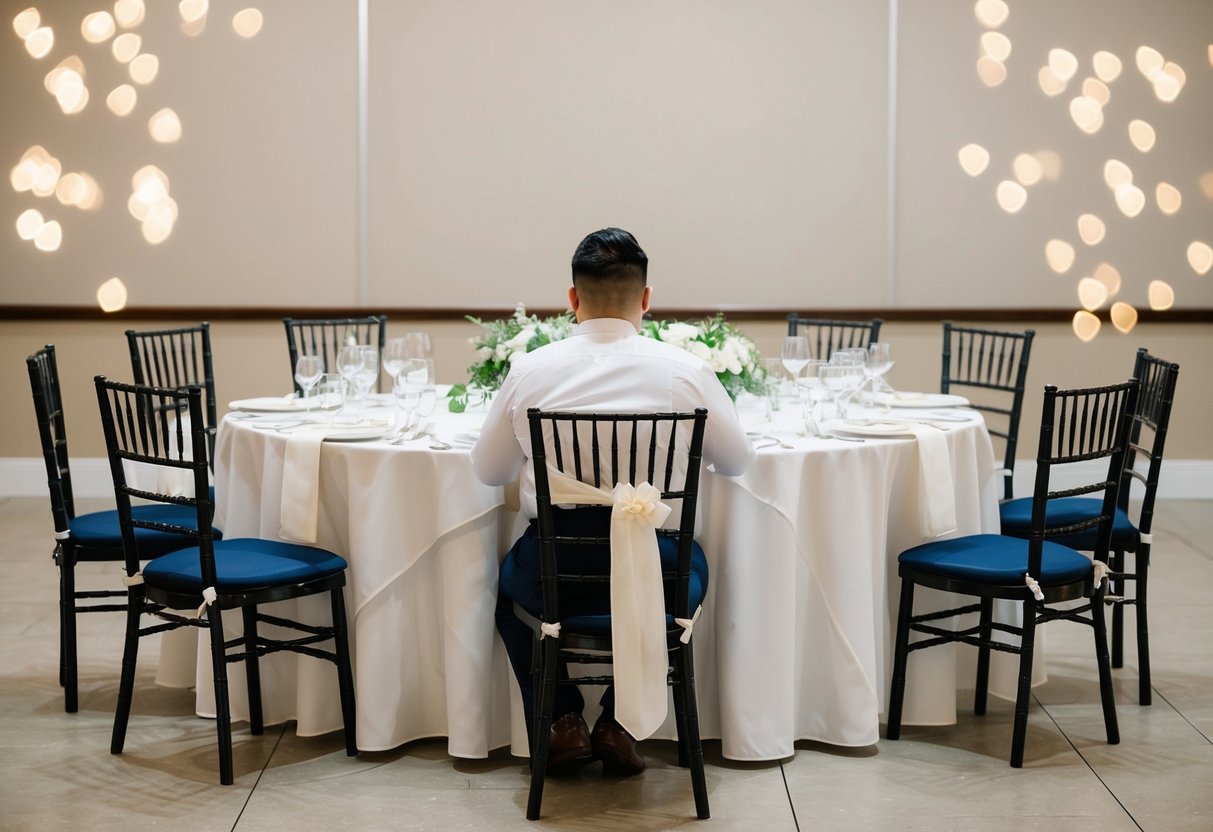 A single person sitting alone at a wedding reception table, surrounded by empty chairs and untouched place settings