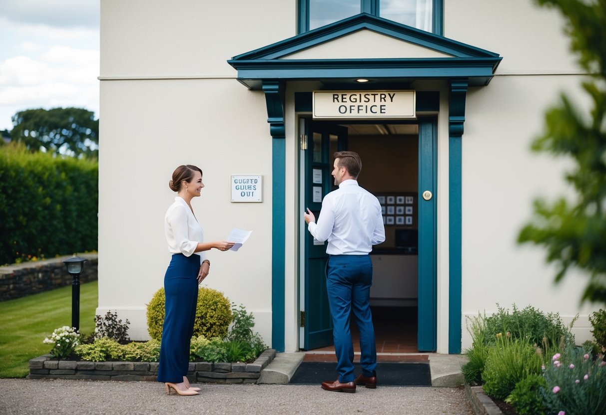 A couple stands at the entrance of a registry office, discussing guest numbers. The building is modest, with a simple sign and a small garden