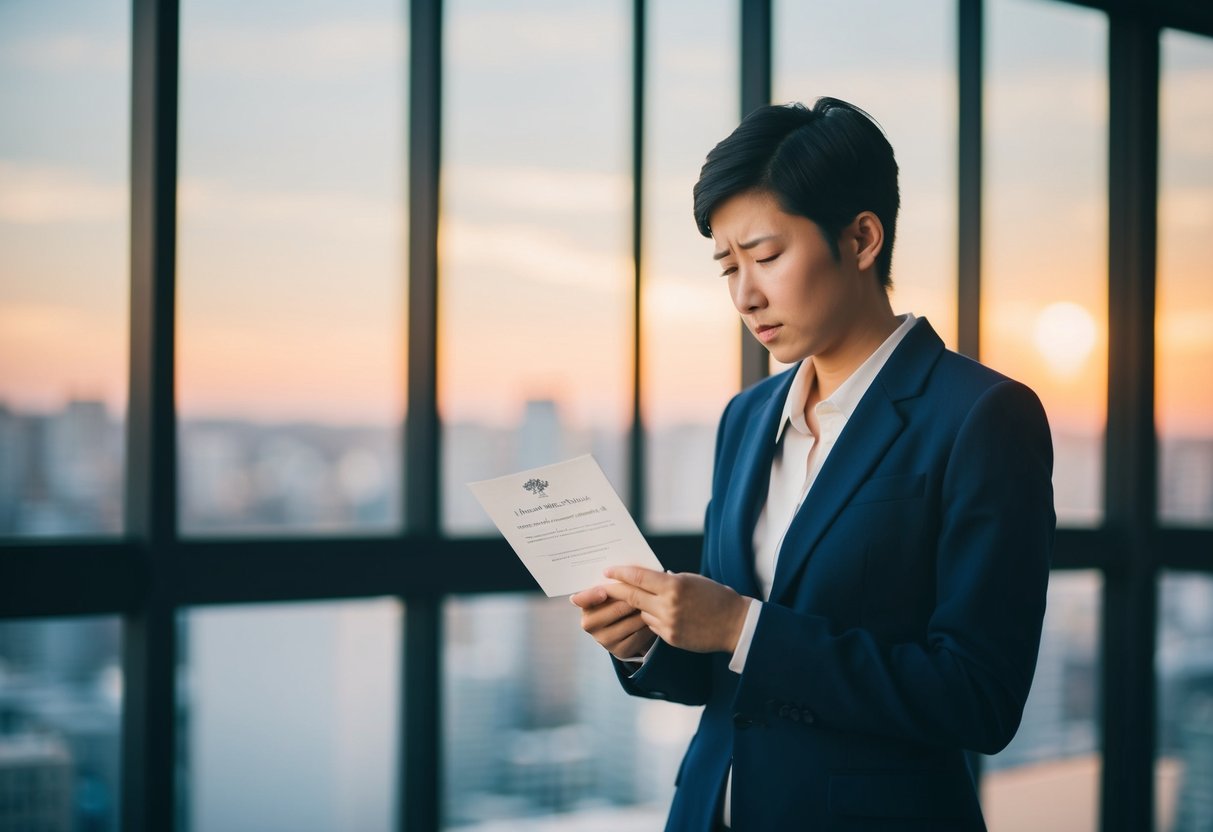 A person standing alone, looking at an invitation with a disappointed expression