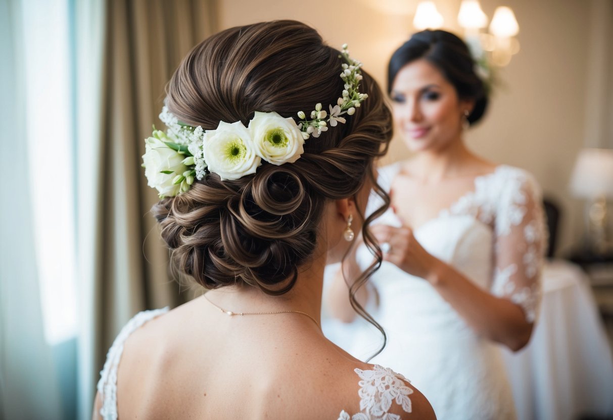 A woman's elegant hairstyle, adorned with flowers, as she prepares for a wedding