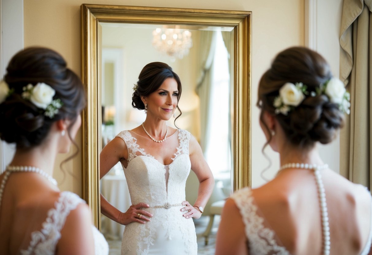 A mother of the bride stands in front of a mirror, contemplating her hairstyle. The elegant wedding venue and formal theme inspire her to wear her hair up