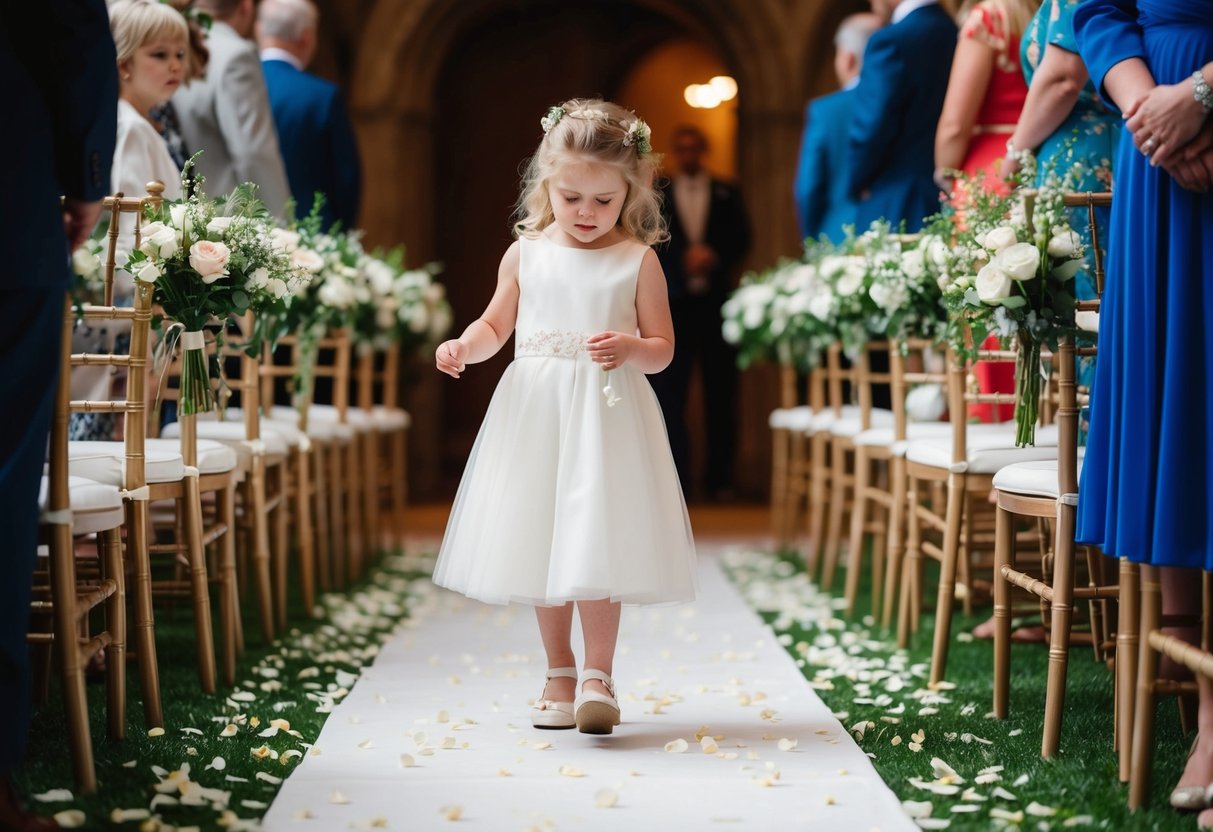 A flower girl scatters petals down the aisle at a UK wedding