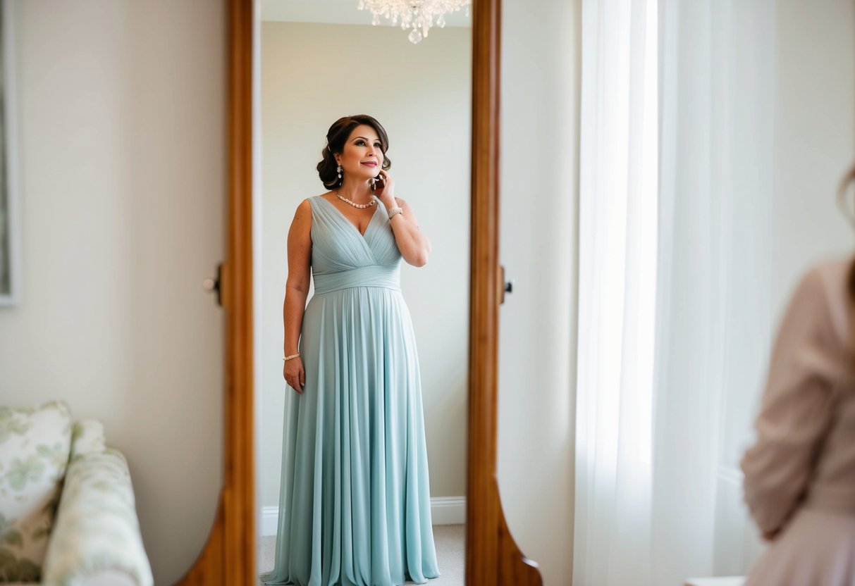 A mother of the bride stands in front of a full-length mirror, wearing a flowing dress and contemplating whether to wear her hair up or down
