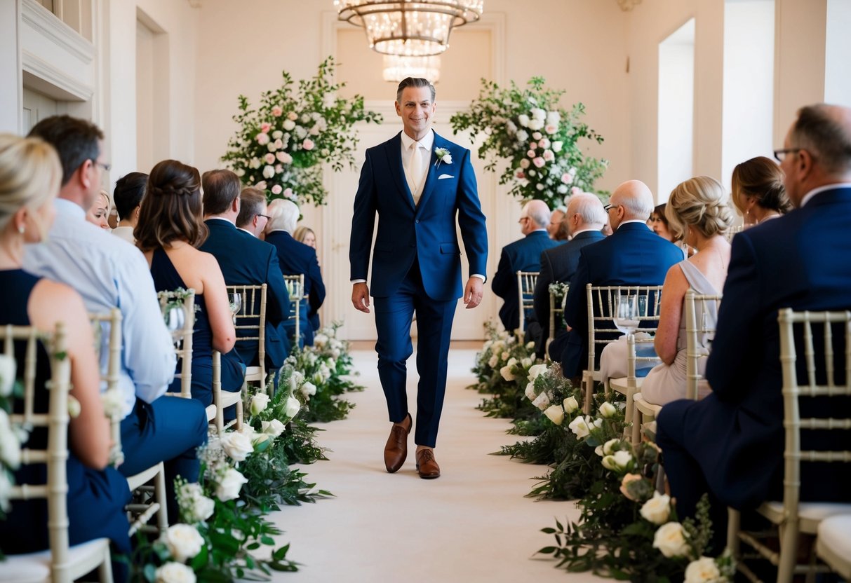 A figure in formal attire strolls down the aisle at a wedding, surrounded by floral decorations and guests seated in rows