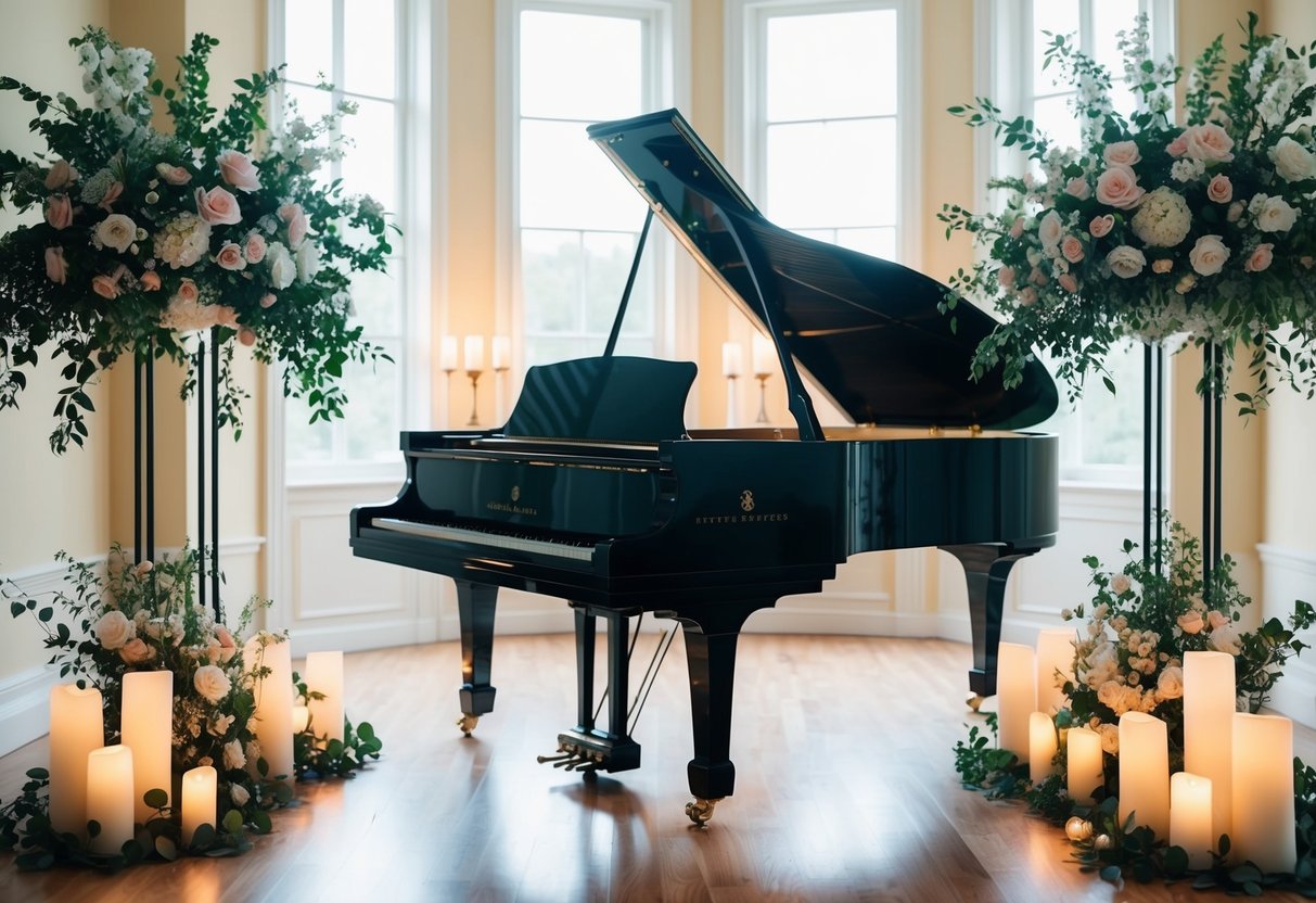 A grand piano sits in a sunlit room, surrounded by elegant floral arrangements and soft candlelight