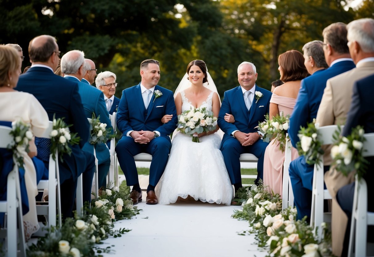 A groom's family and a bride's family sit on opposite sides of the aisle at a wedding ceremony