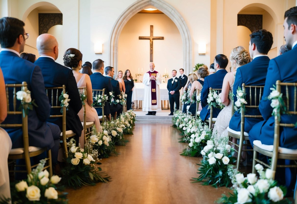 A flower-adorned aisle with guests seated on either side, leading to an altar with a clergy member and space for the couple to exchange vows