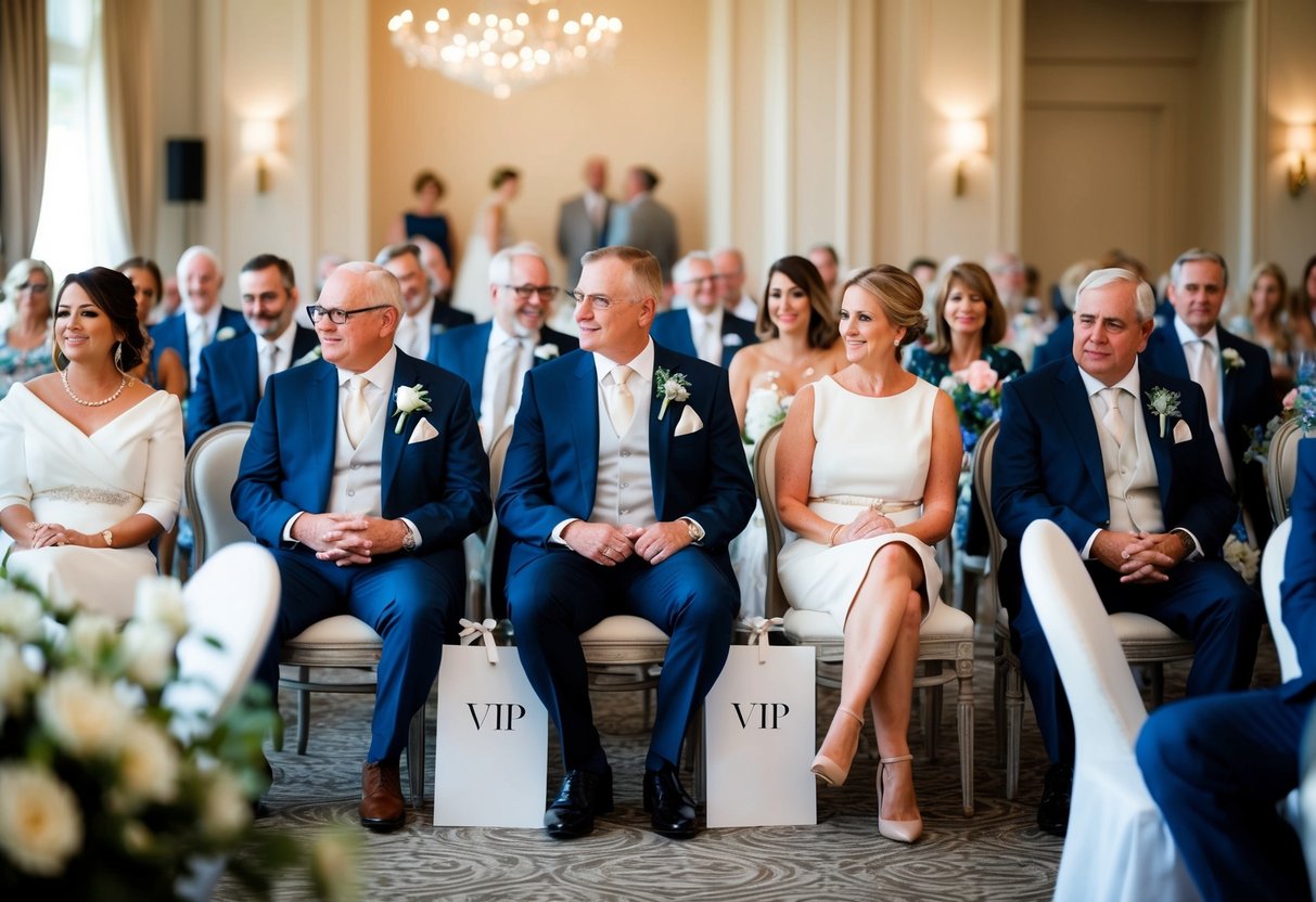 Family and VIP guests seated in an elegant wedding venue, with assigned seating and name cards, navigating to find their designated seats