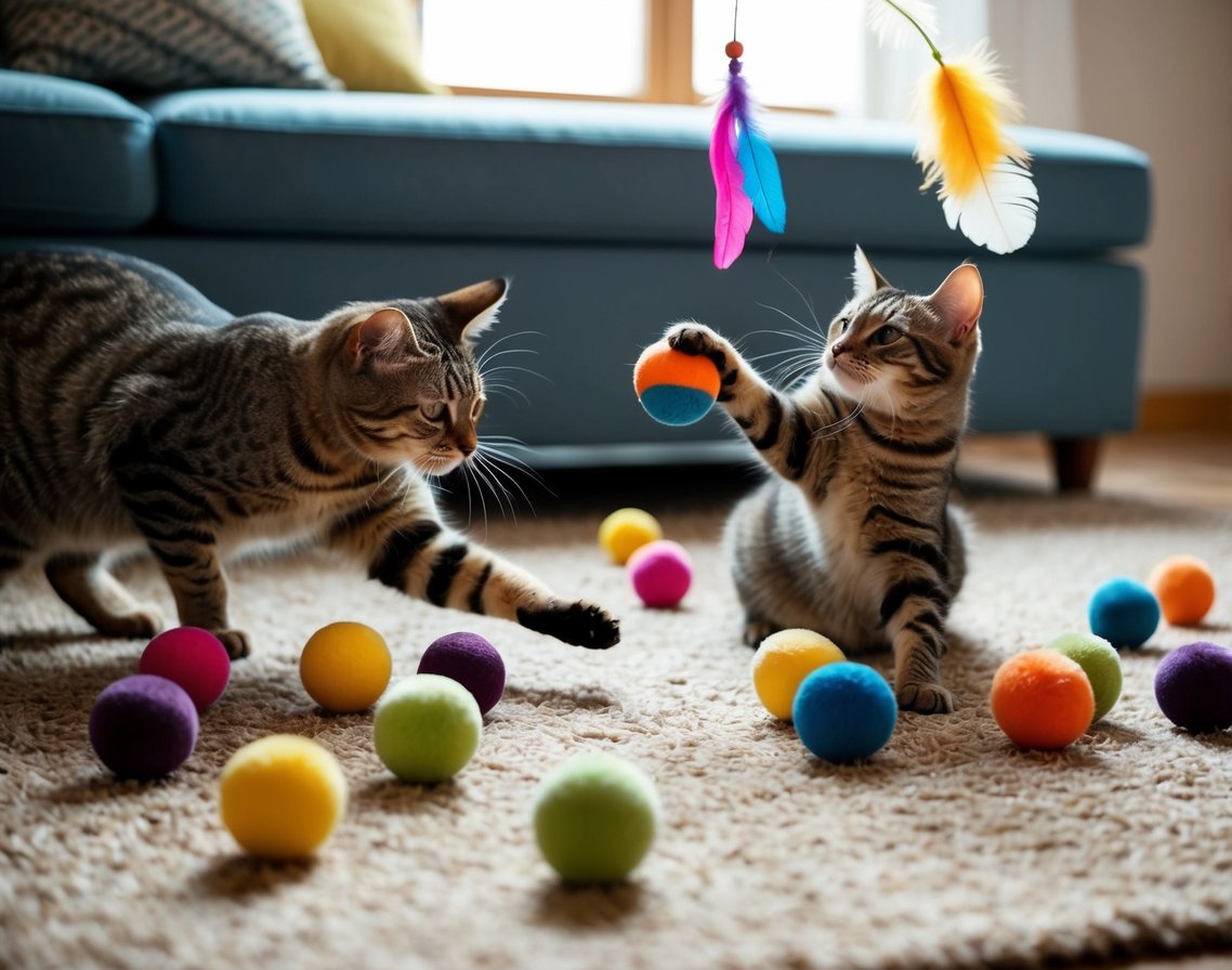 Colorful cat toys scattered on a cozy rug, with a curious cat playfully batting at a dangling feather and a ball