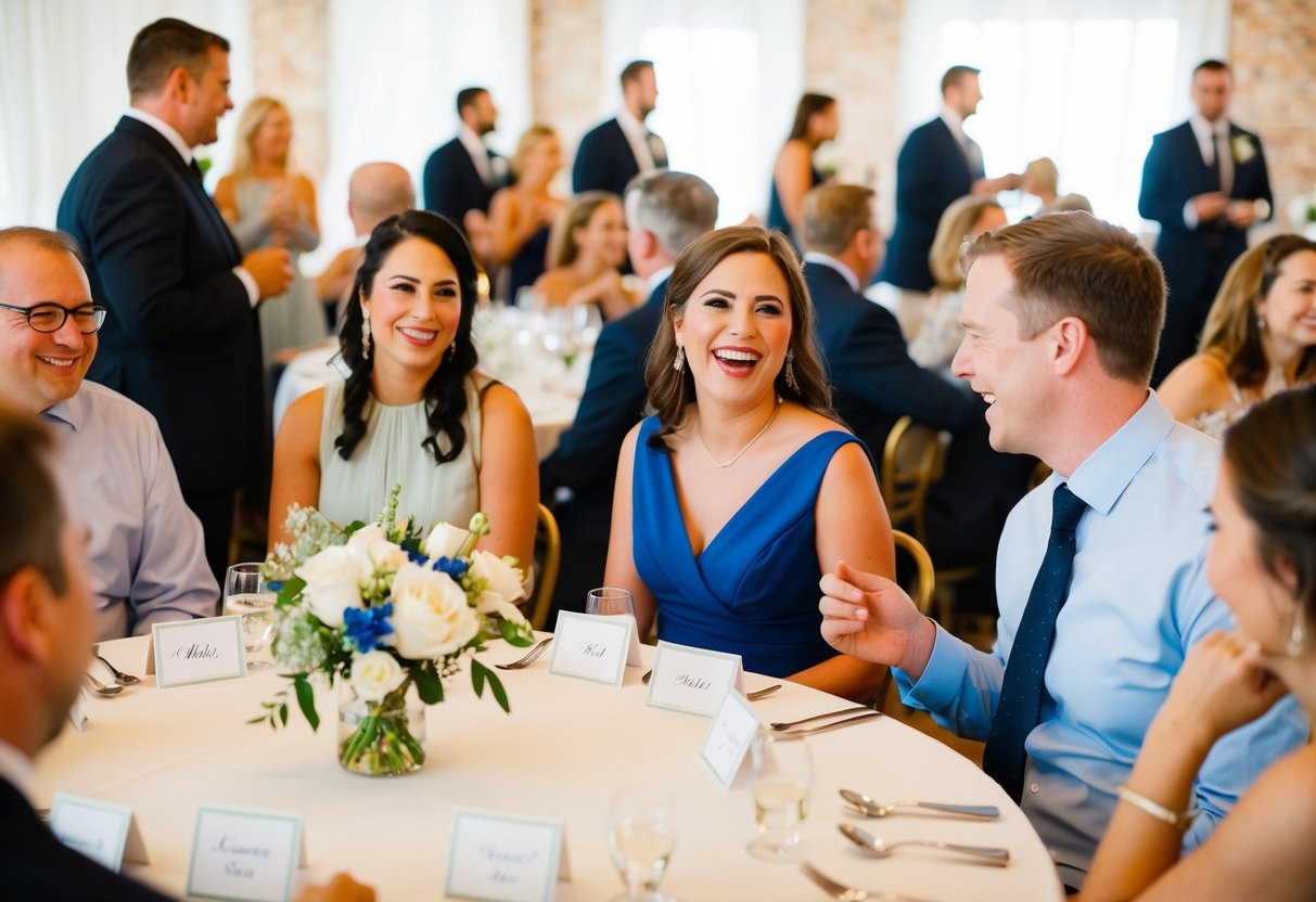 Guests mingle at round tables, chatting and laughing. A seating chart guides them to their designated spots, with place cards indicating who sits next to who