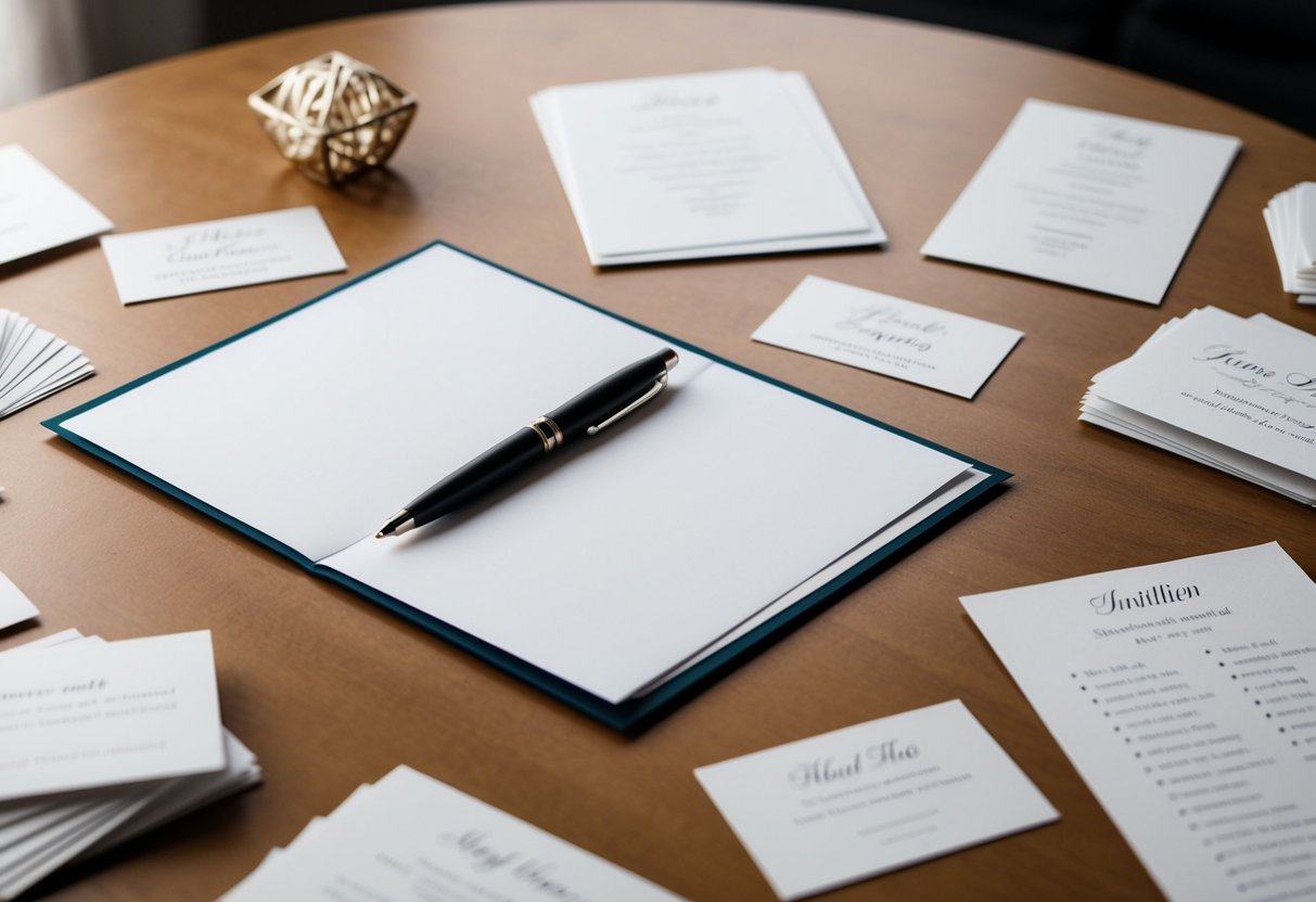 A table with a pen and paper, surrounded by scattered invitation cards and a list of names