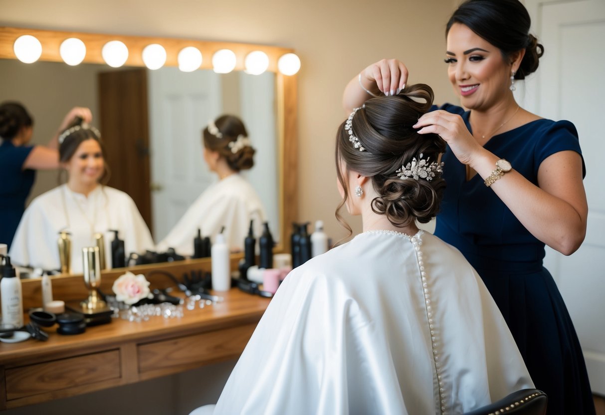 A bride sits in a chair, surrounded by hair accessories and mirrors, as a hairstylist carefully arranges her hair into an elegant updo for her wedding