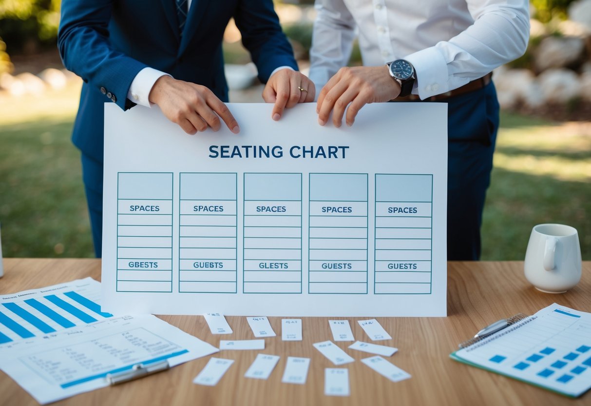A couple surrounded by a seating chart, counting out spaces for guests, with a budget spreadsheet nearby