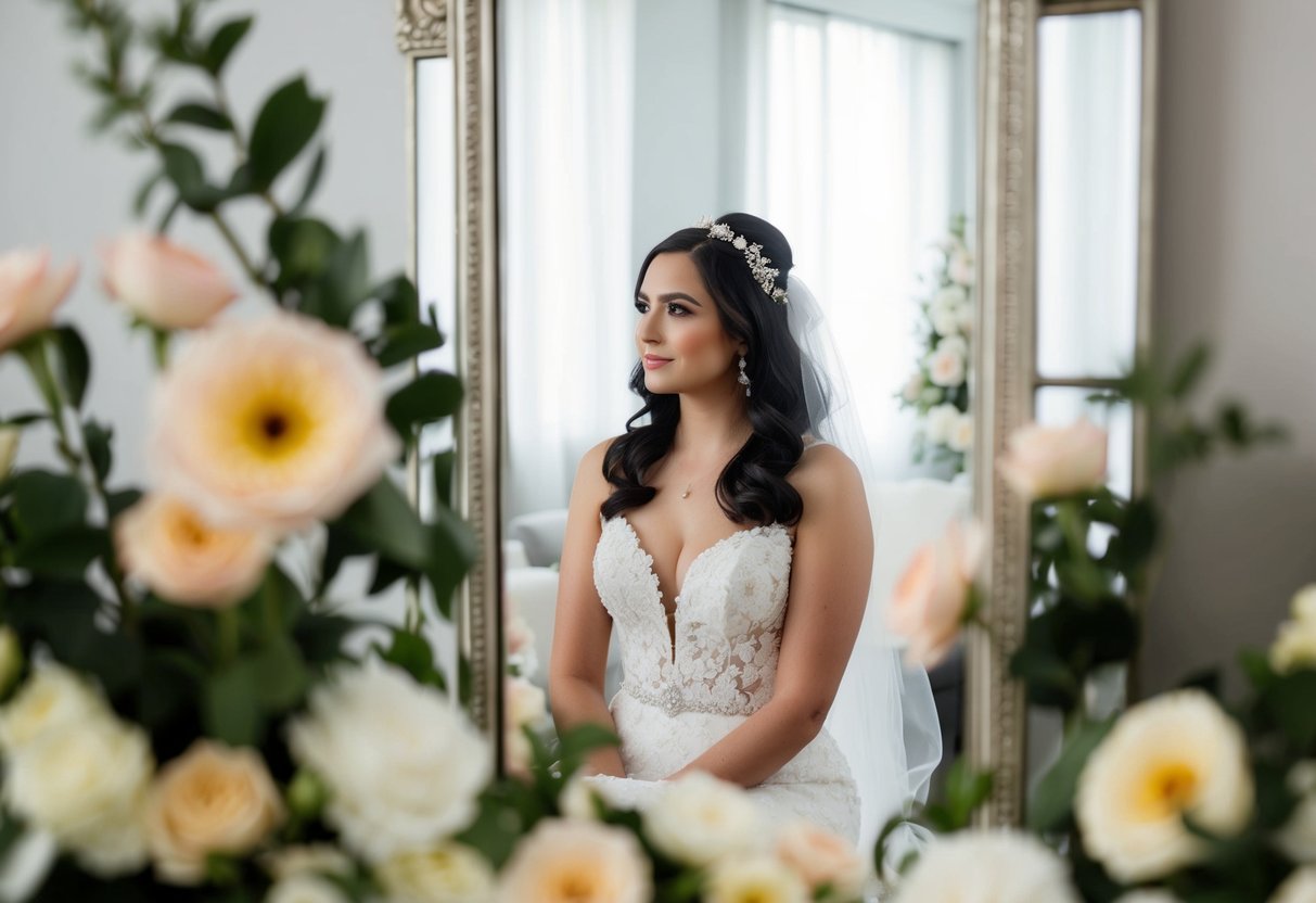 A bride sits in front of a mirror surrounded by flowers, contemplating her wedding aesthetic and hair vision