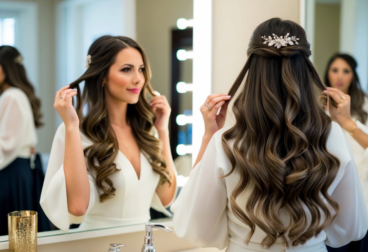 A bride with long, wavy hair tries on different hairstyles in front of a mirror, considering her hair type and length for her wedding day