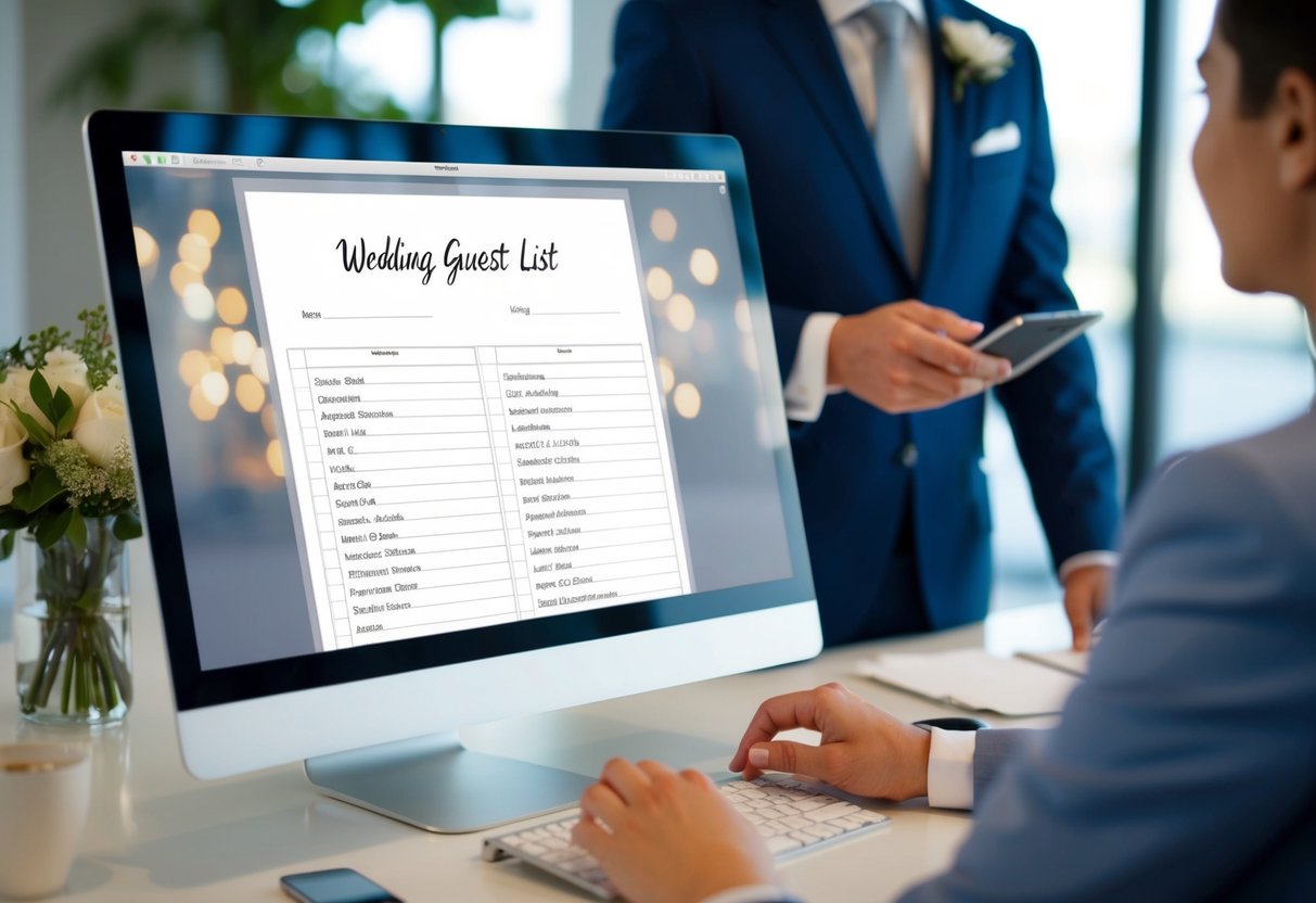 A wedding guest list being organized with names and addresses inputted into a template on a computer screen