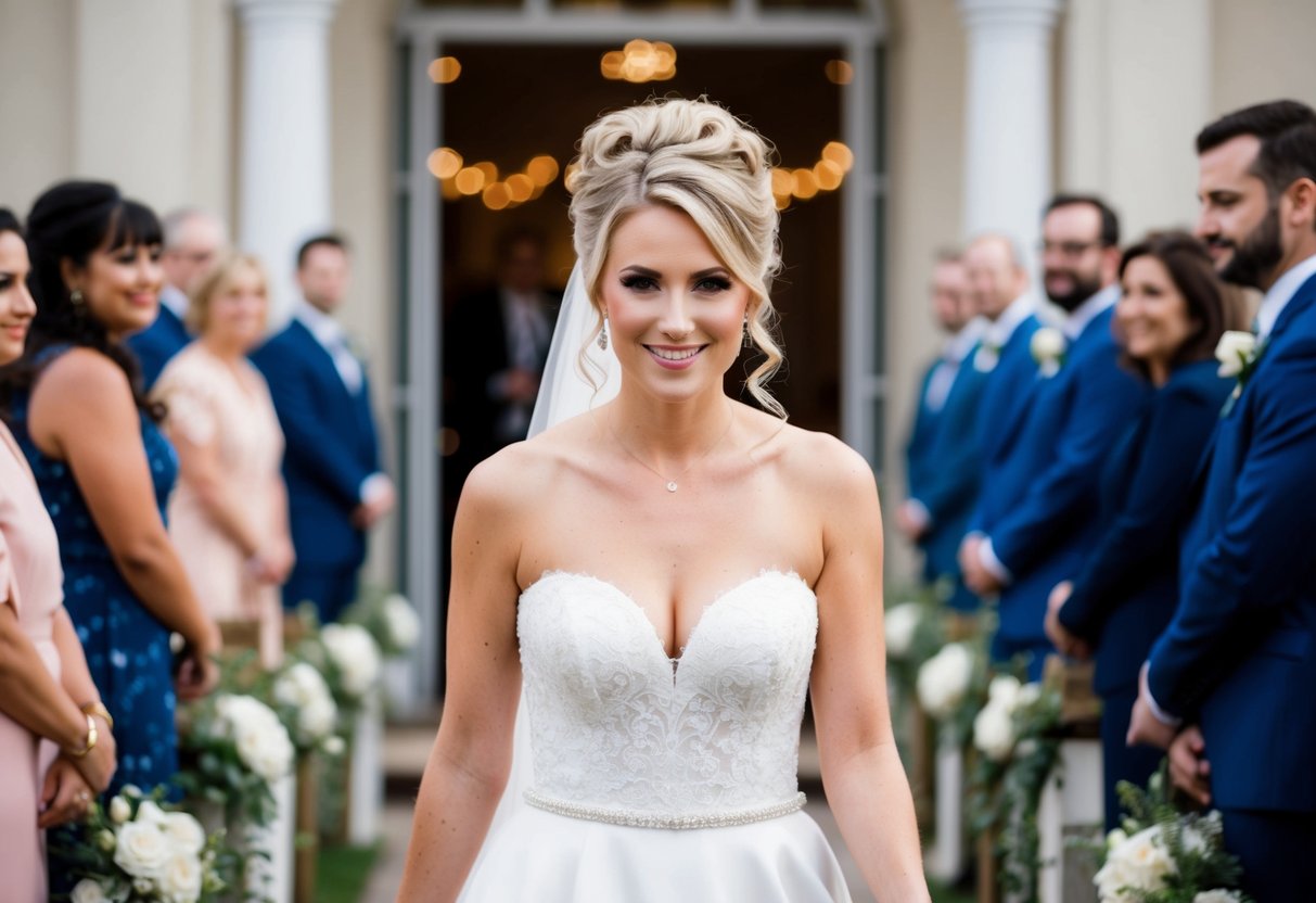 A bride confidently walks down the aisle, her hair styled in a classic updo with delicate curls cascading down