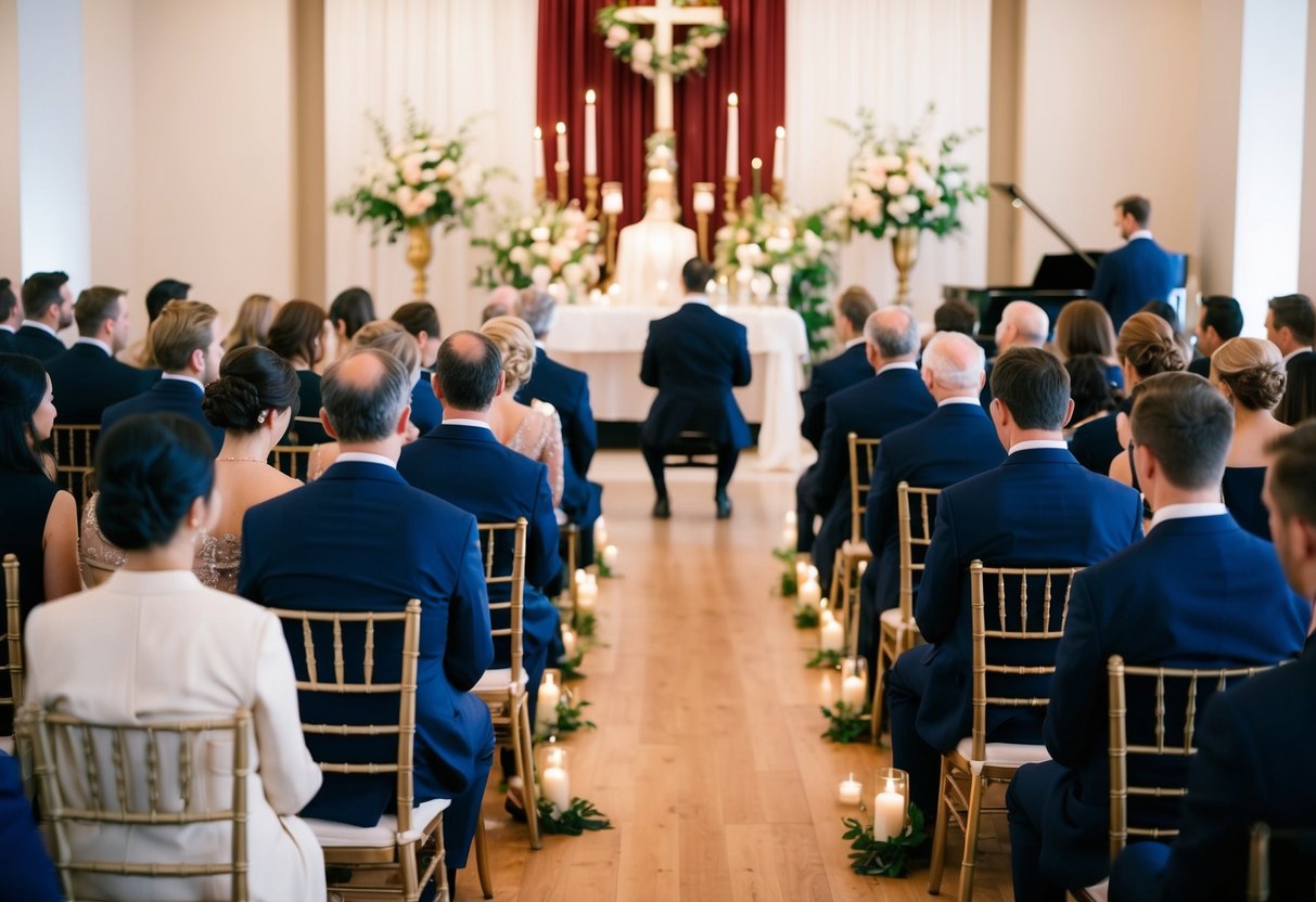 Guests in formal attire sit in rows facing a decorated altar. Flowers and candles adorn the space. A pianist plays soft music in the background
