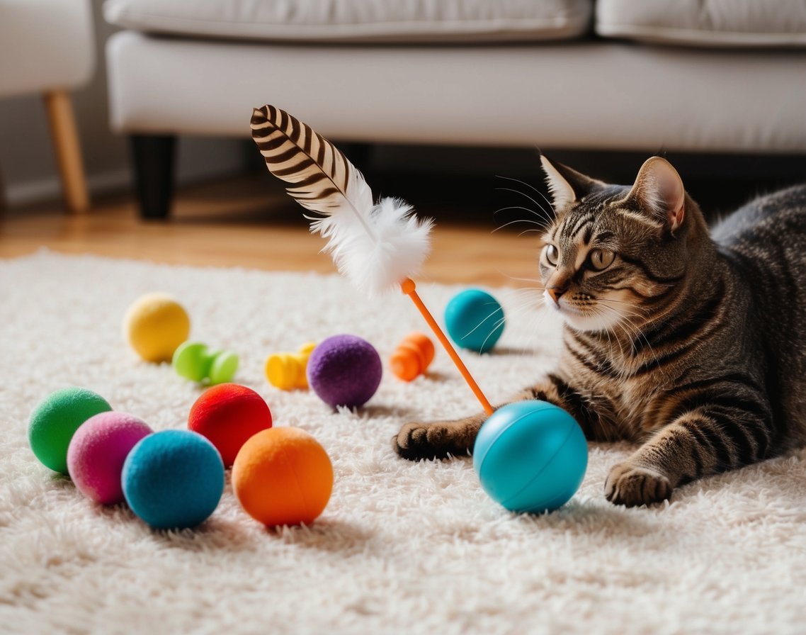 Colorful cat toys scattered on a soft rug, with a curious cat playing with a feather wand and a ball