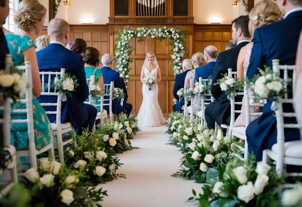 The front row at a traditional UK wedding, adorned with elegant seating arrangements and floral decorations