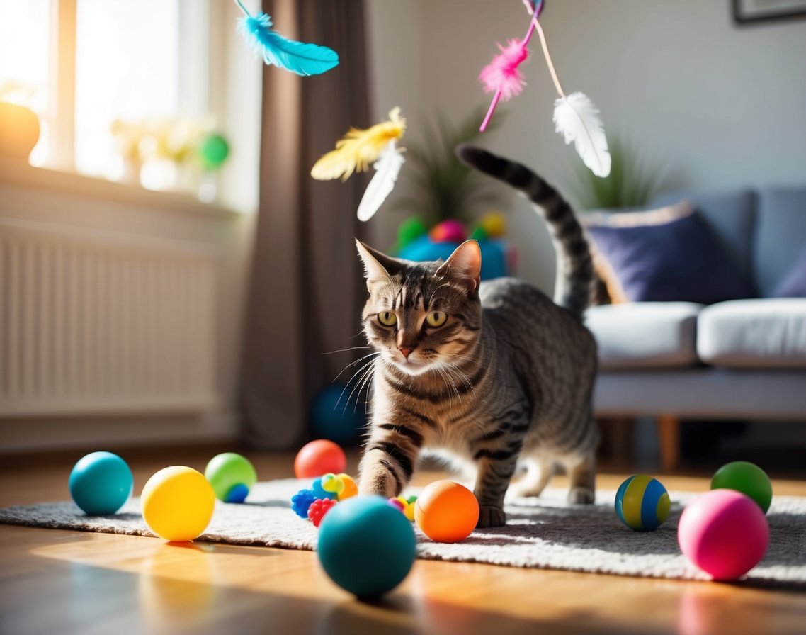 A cat playing with various toys in a sunlit room, surrounded by colorful balls, feathers, and interactive gadgets