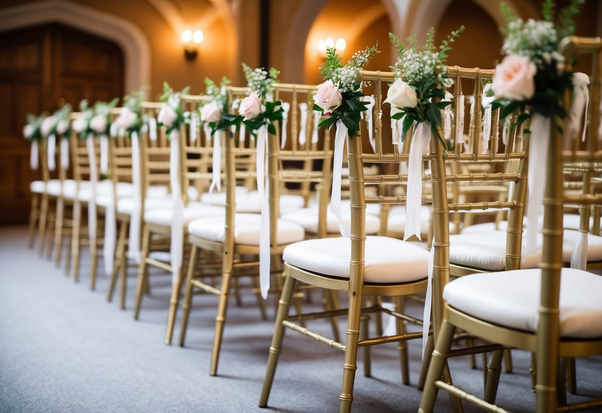 A row of elegant chairs adorned with flowers and ribbons, positioned closely to the ceremonial space at a traditional UK wedding