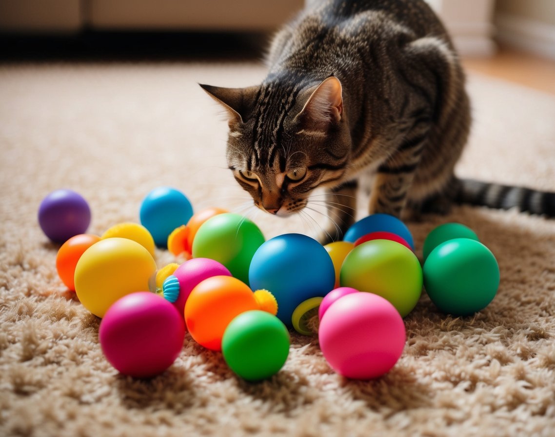 A variety of colorful cat toys scattered on a cozy carpet, with a curious feline sniffing and pawing at them