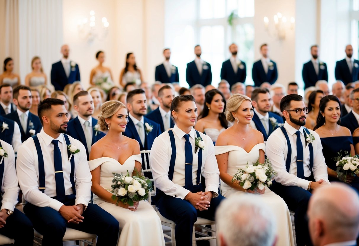 An elegant wedding ceremony with ushers and wedding planners seated in the front row, overseeing the event with grace and professionalism