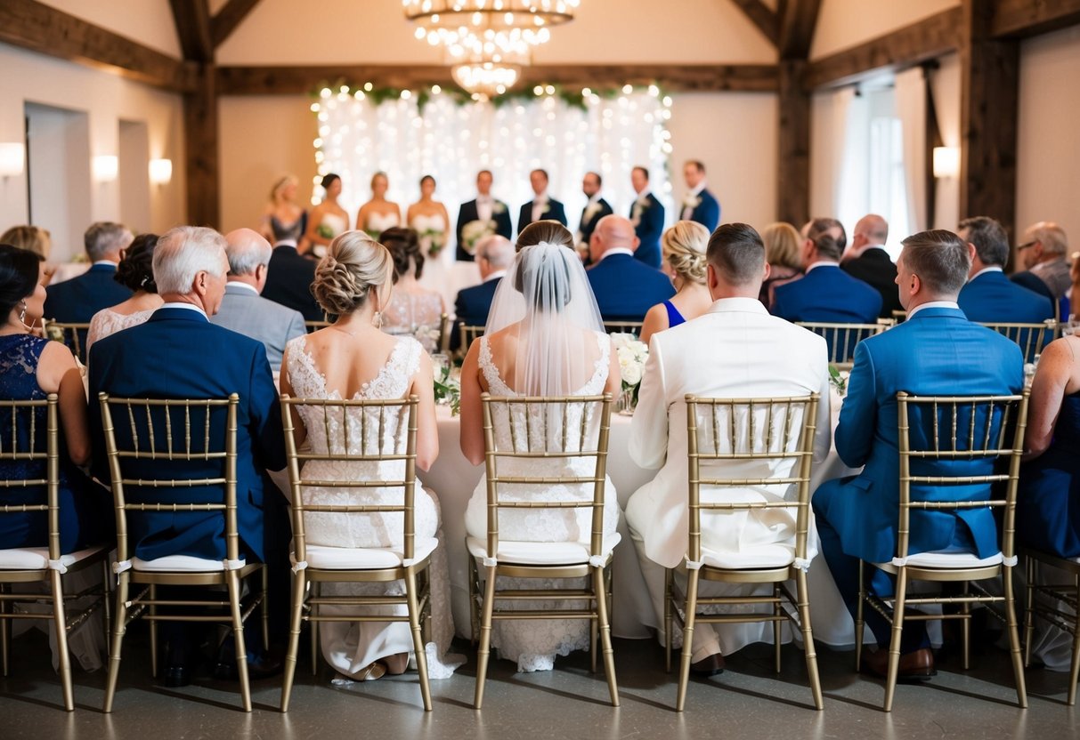 Front row at wedding reception, family and wedding party seated together, facing the newlyweds