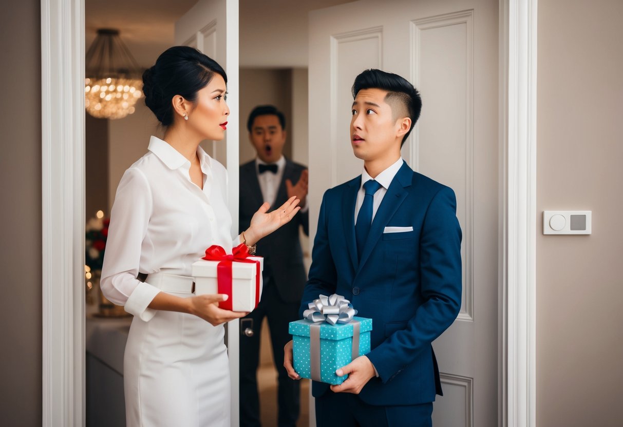 A person standing at a closed door, holding a gift and looking uncertain while a host inside looks surprised